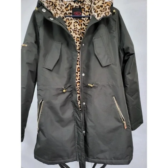Yoki Olive‎ Green Anorak Jacket Leopard Faux Fur Lined Hooded Drawstring - Picture 4 of 11